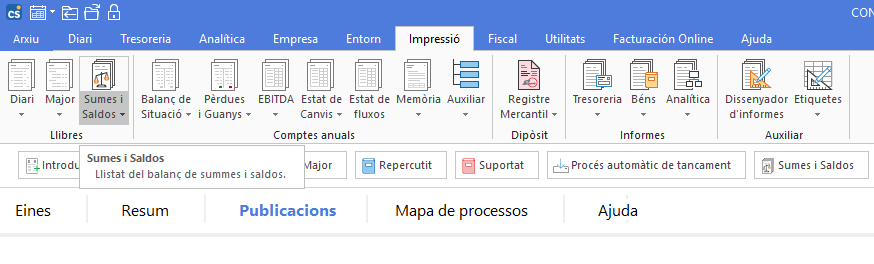 Menú superior de Contasol amb l’opció Sumes i Saldos