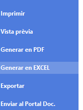 Menú lateral amb l’opció Generar en EXCEL seleccionada