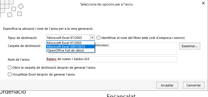 Finestra d’exportació amb el desplegable de tipus de destinació