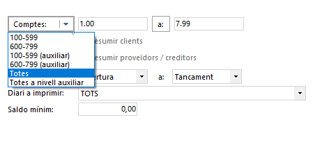 Desplegable de comptes amb les opcions disponibles